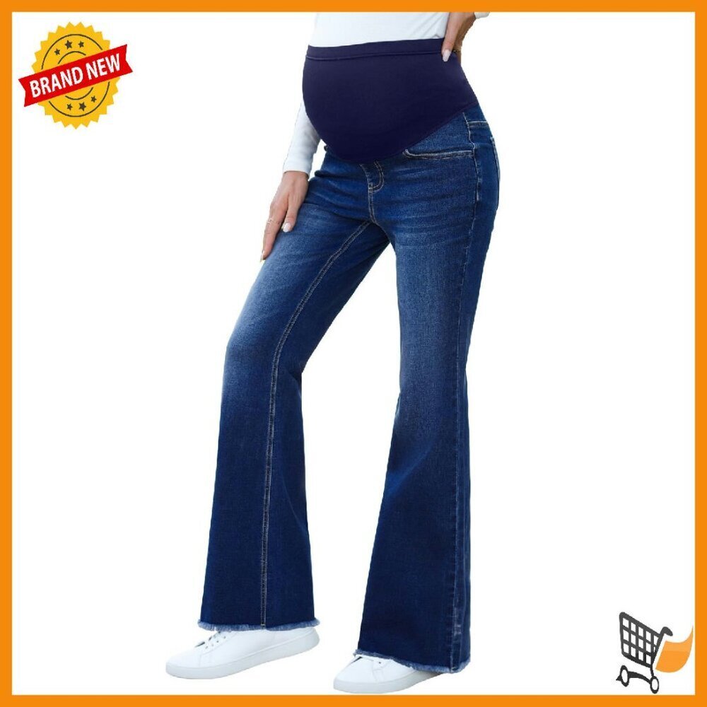 Maternity Flare Jeans Over Belly Panel Stretch Denim Pockets